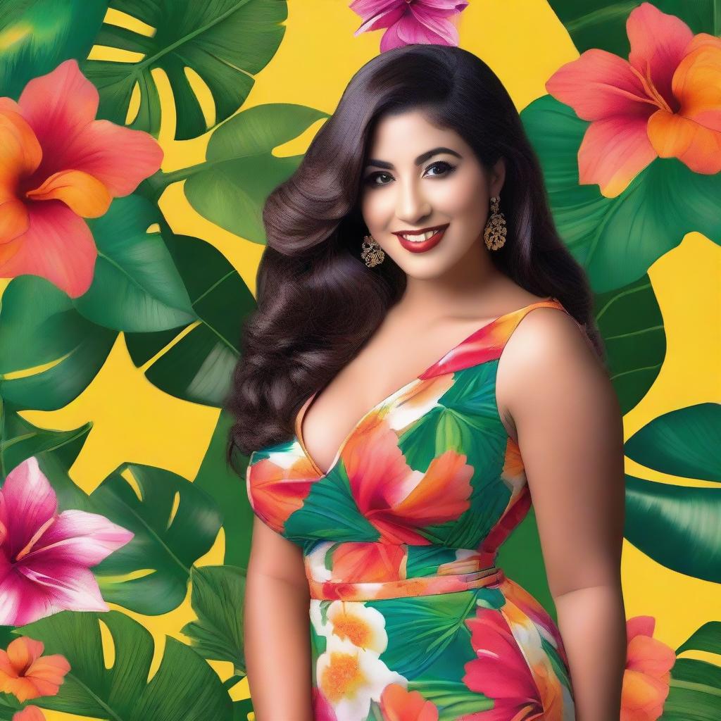 A beautiful Latina woman with a curvy figure wearing a floral dress