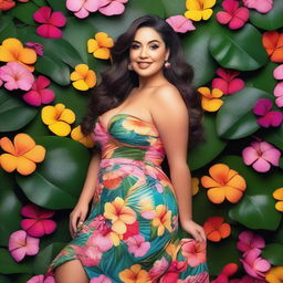 A beautiful Latina woman with a curvy figure wearing a floral dress