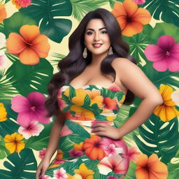 A beautiful Latina woman with a curvy figure wearing a floral dress