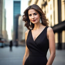 A stylish woman wearing a black dress that highlights her cleavage