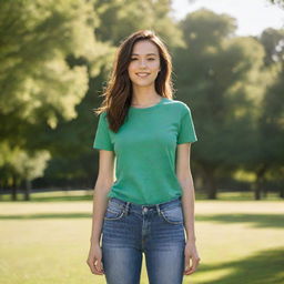 A casual girl wearing a t-shirt and jeans in a green, sunlit park