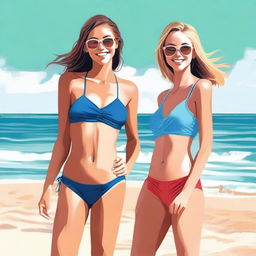 A vibrant image of two girls in swimsuits standing by the beach