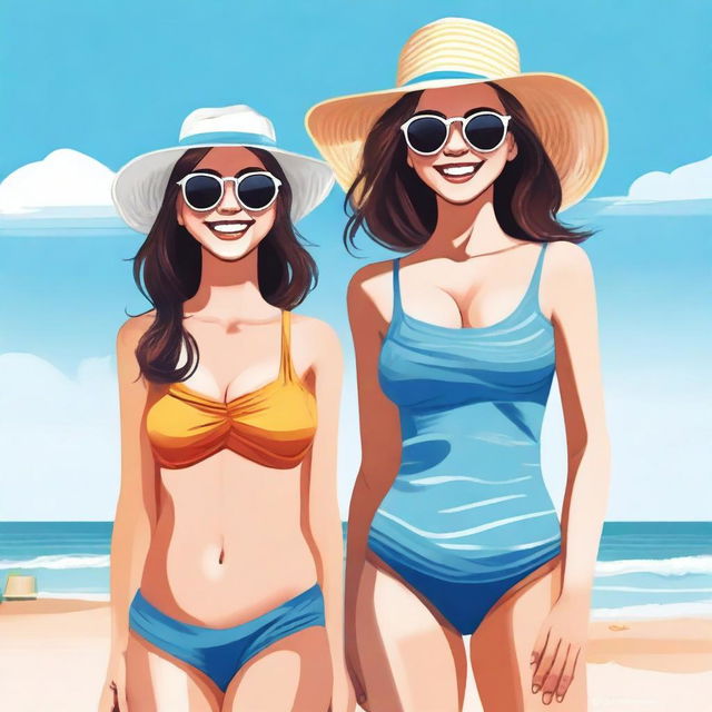 A vibrant image of two girls in swimsuits standing by the beach