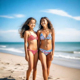 A vibrant image of two girls in swimsuits standing by the beach