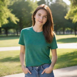 A casual girl wearing a t-shirt and jeans in a green, sunlit park