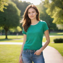 A casual girl wearing a t-shirt and jeans in a green, sunlit park