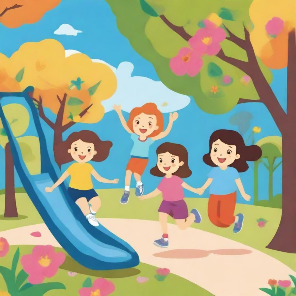 A cheerful and vibrant scene featuring a group of kids playing in a park