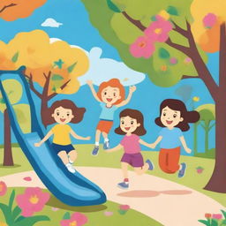 A cheerful and vibrant scene featuring a group of kids playing in a park