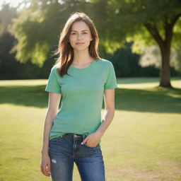 A casual girl wearing a t-shirt and jeans in a green, sunlit park