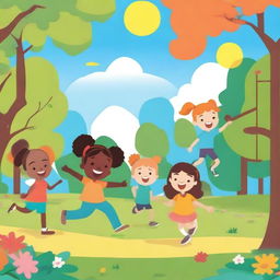 A cheerful and vibrant scene featuring a group of kids playing in a park