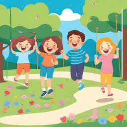 A cheerful and vibrant scene featuring a group of kids playing in a park