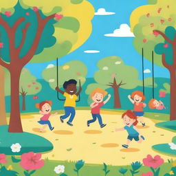 A cheerful and vibrant scene featuring a group of kids playing in a park