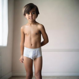 A young boy wearing only underwear, standing in a playful pose