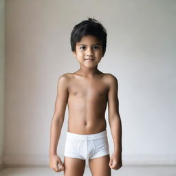 A young boy wearing only underwear, standing in a playful pose