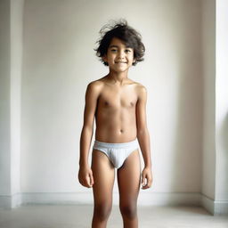 A young boy wearing only underwear, standing in a playful pose