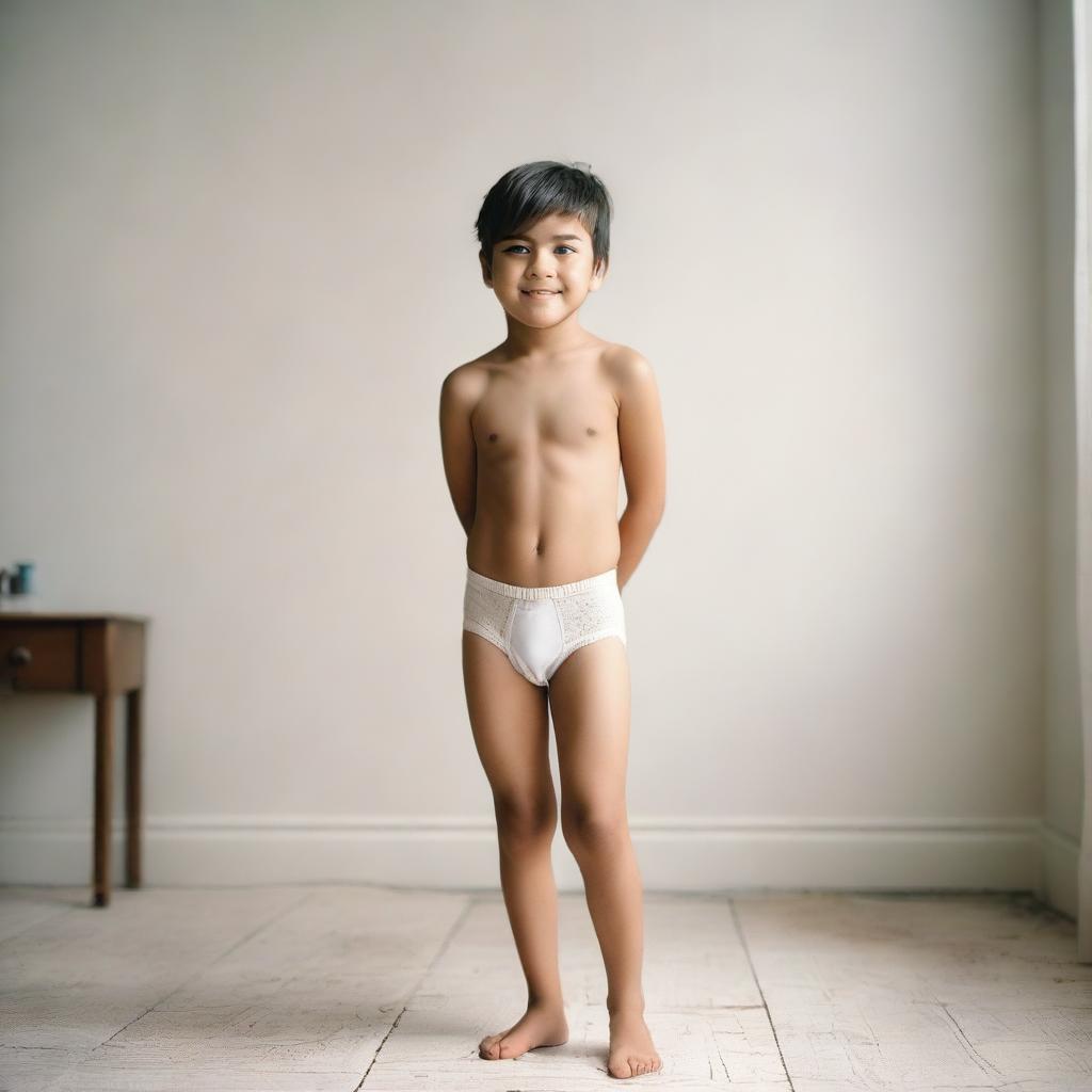 A young boy wearing only underwear, standing in a playful pose