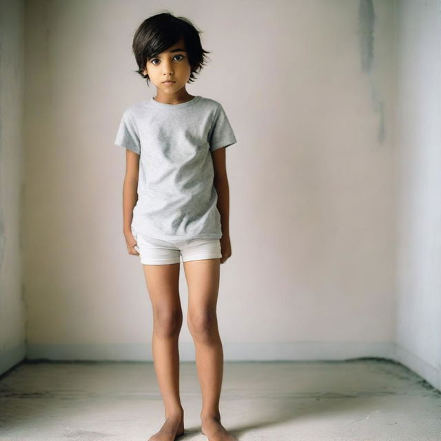 A young boy standing without pants, wearing a shirt and underwear