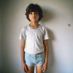 A young boy standing without pants, wearing a shirt and underwear