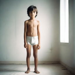 A young boy standing without pants, wearing a shirt and underwear