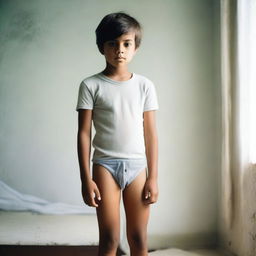 A young boy standing without pants, wearing a shirt and underwear