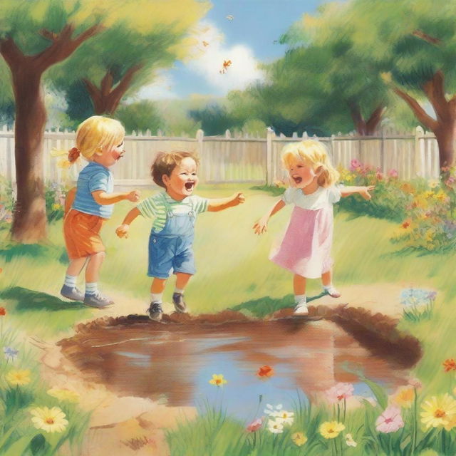 A humorous scene of children laughing and playing in a garden, with one child pointing to a small puddle on the ground