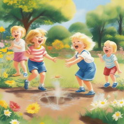 A humorous scene of children laughing and playing in a garden, with one child pointing to a small puddle on the ground