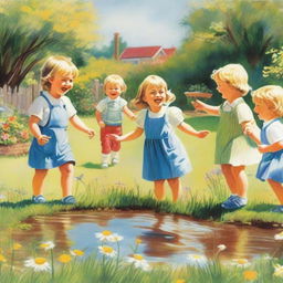 A humorous scene of children laughing and playing in a garden, with one child pointing to a small puddle on the ground