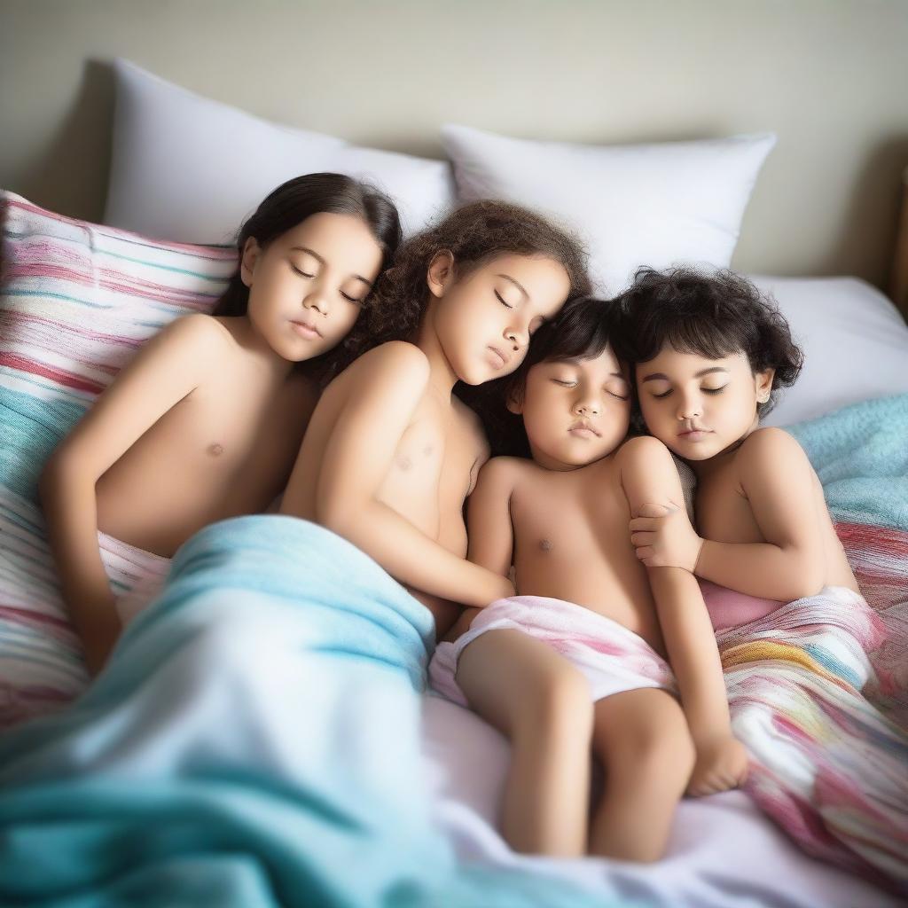 A group of children sleeping together in their underwear