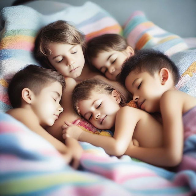 A group of children sleeping together in their underwear