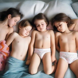 A group of children sleeping together in their underwear