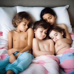 A group of children sleeping together in their underwear