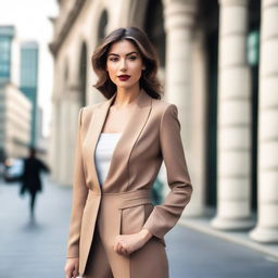 A beautiful woman in a stylish outfit, posing confidently