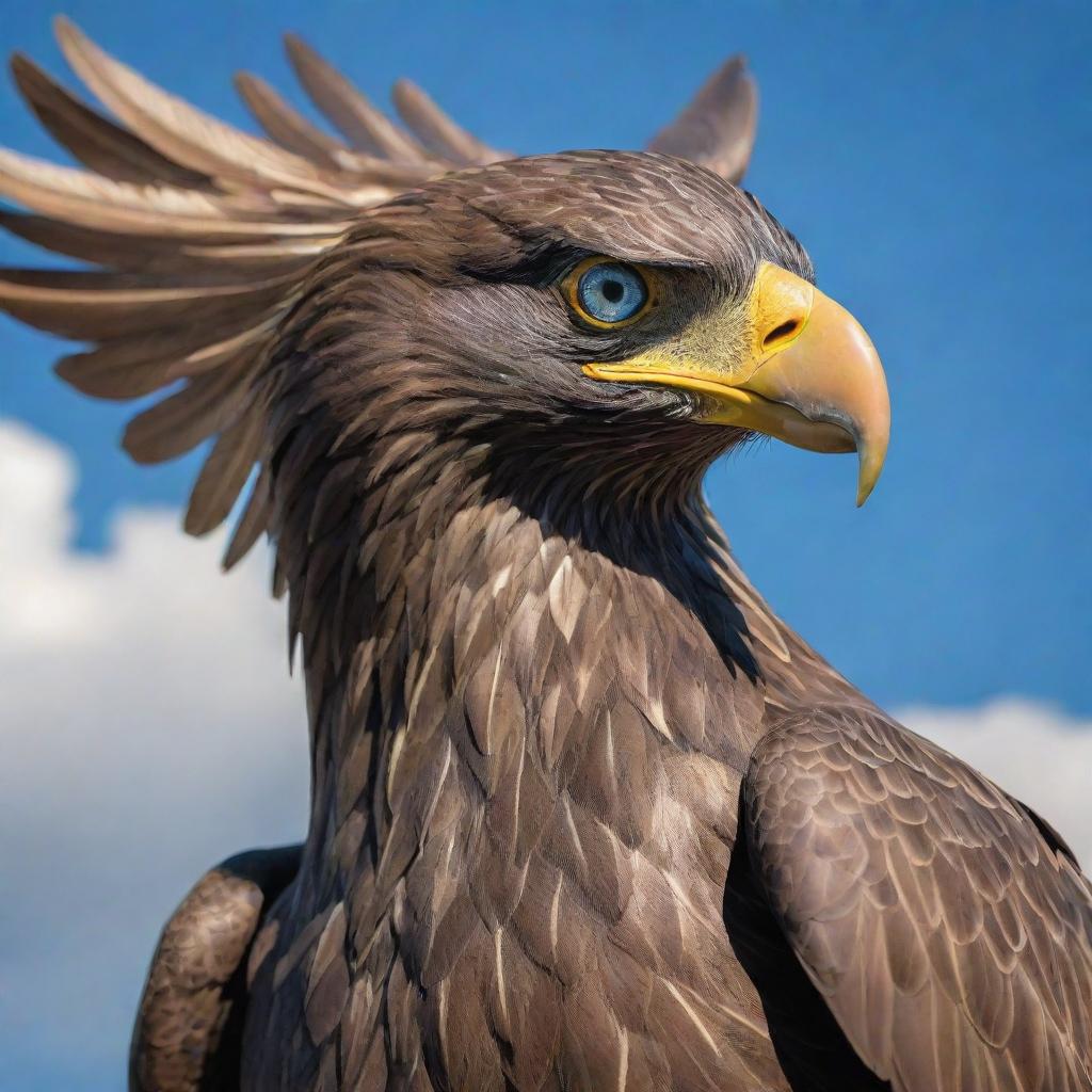 A majestic giant eagle armored in intricate metallic plating, its piercing blue eyes ablaze, commanding a vigilant outlook from high above in the sky.