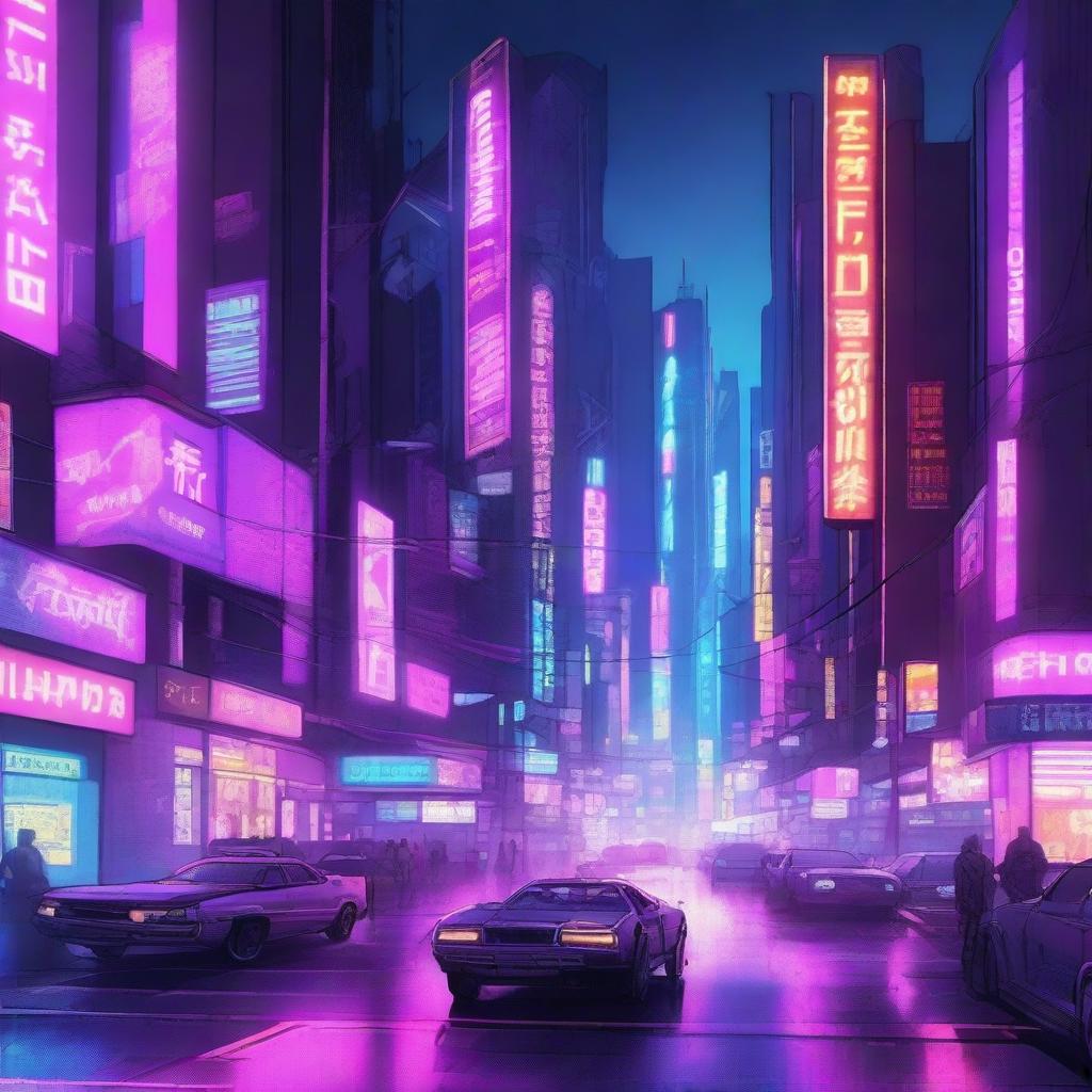 A highly detailed digital illustration of a cyberpunk cityscape at night