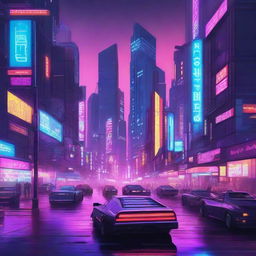 A highly detailed digital illustration of a cyberpunk cityscape at night