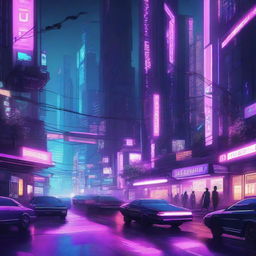 A highly detailed digital illustration of a cyberpunk cityscape at night