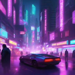 A highly detailed digital illustration of a cyberpunk cityscape at night