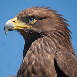 A majestic giant eagle armored in intricate metallic plating, its piercing blue eyes ablaze, commanding a vigilant outlook from high above in the sky.