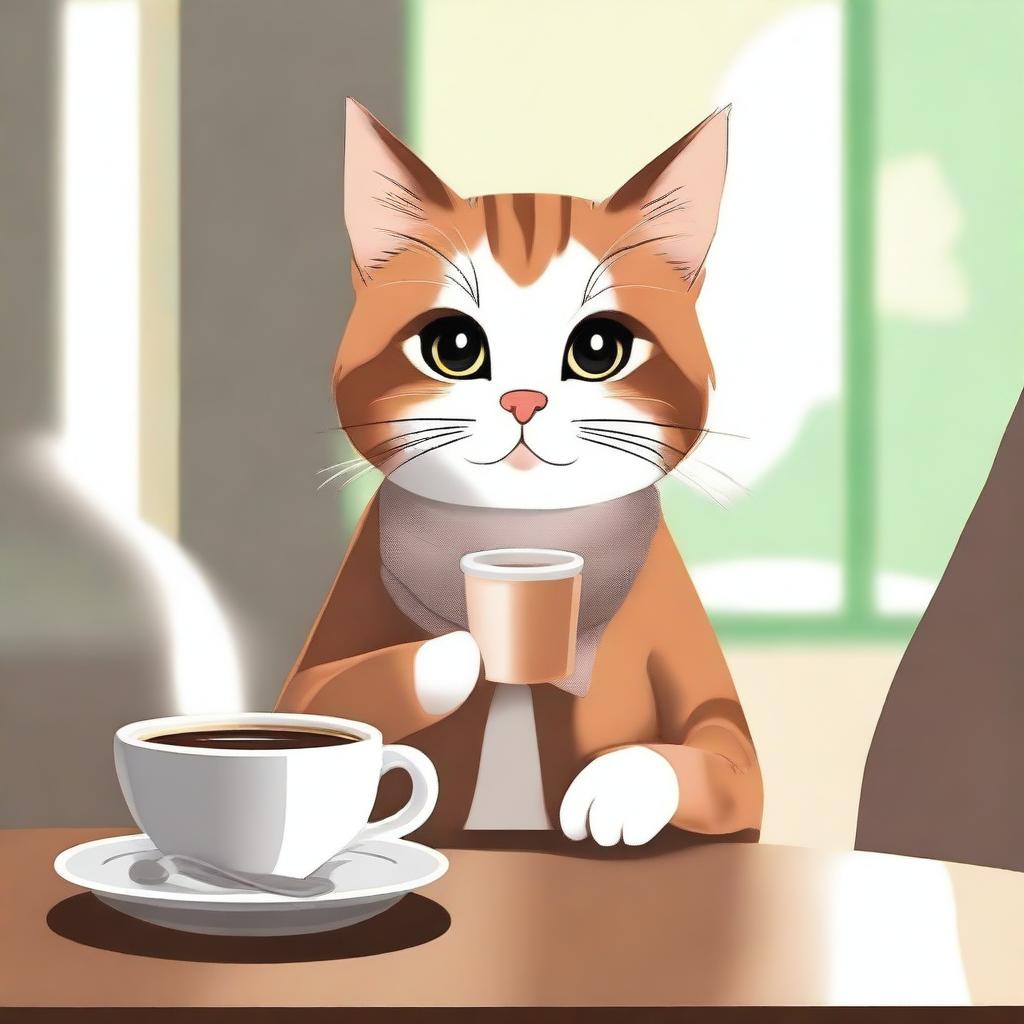 A cute cat sitting at a table, drinking coffee from a small cup