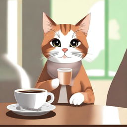 A cute cat sitting at a table, drinking coffee from a small cup