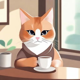 A cute cat sitting at a table, drinking coffee from a small cup