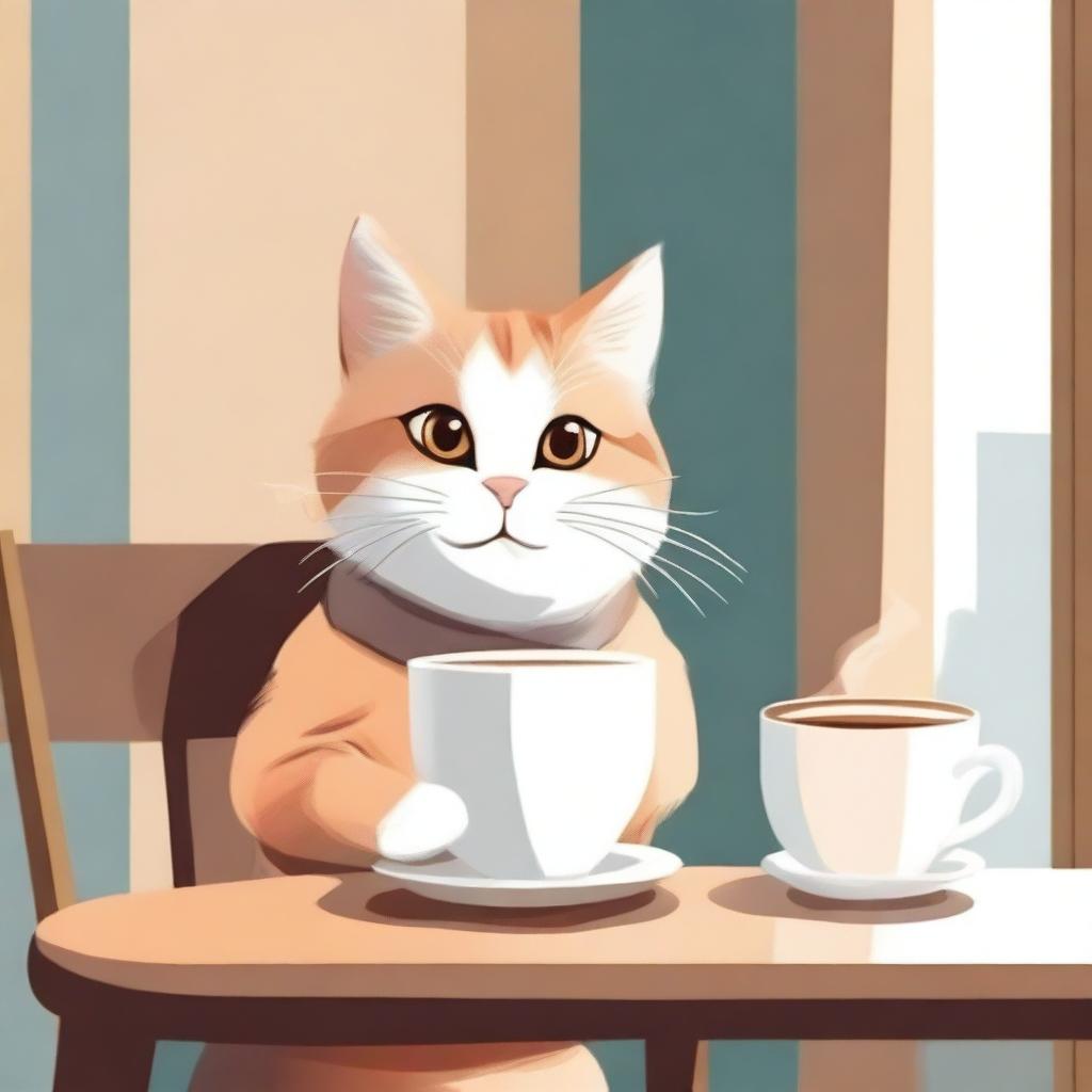 A cute cat sitting at a table, drinking coffee from a small cup