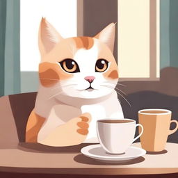 A cute cat sitting at a table, drinking coffee from a small cup