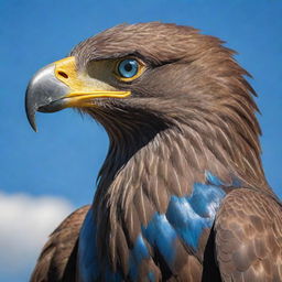 A majestic giant eagle armored in intricate metallic plating, its piercing blue eyes ablaze, commanding a vigilant outlook from high above in the sky.