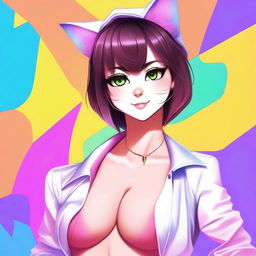 Create an image of a sexy cat girl with a playful and alluring expression, wearing stylish and slightly revealing clothing