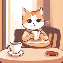 A cute cartoon of a cat drinking coffee