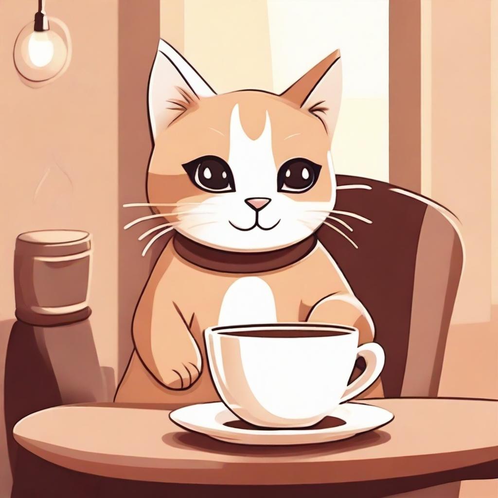 A cute cartoon of a cat drinking coffee