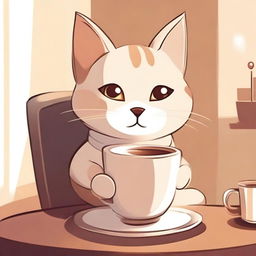 A cute cartoon of a cat drinking coffee