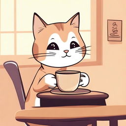 A cute cartoon of a cat drinking coffee