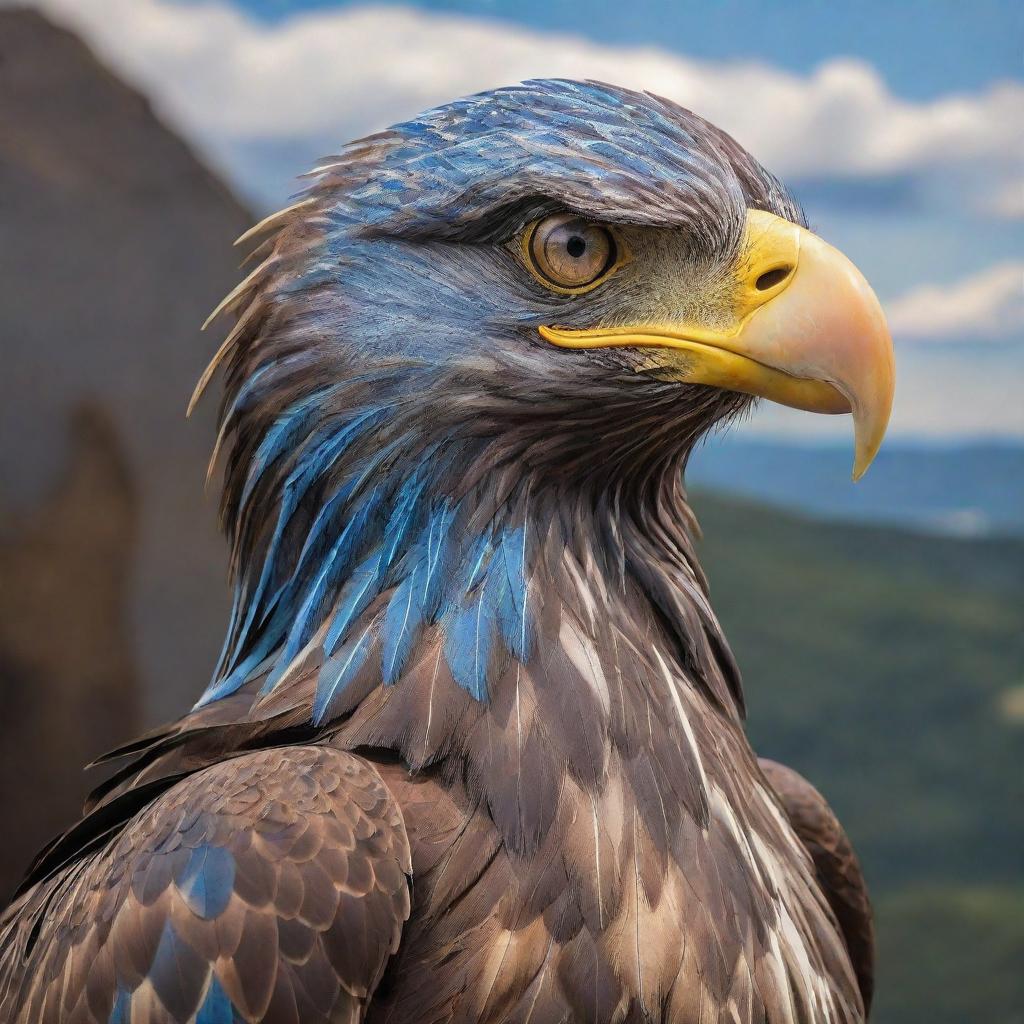 A majestic giant eagle armored in intricate metallic plating, its piercing blue eyes ablaze, commanding a vigilant outlook from high above in the sky.